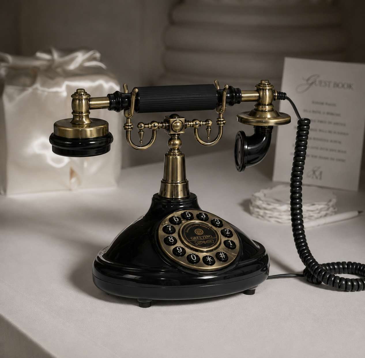 Czarny Telefon Życzeń przygotowany na weselnym stole