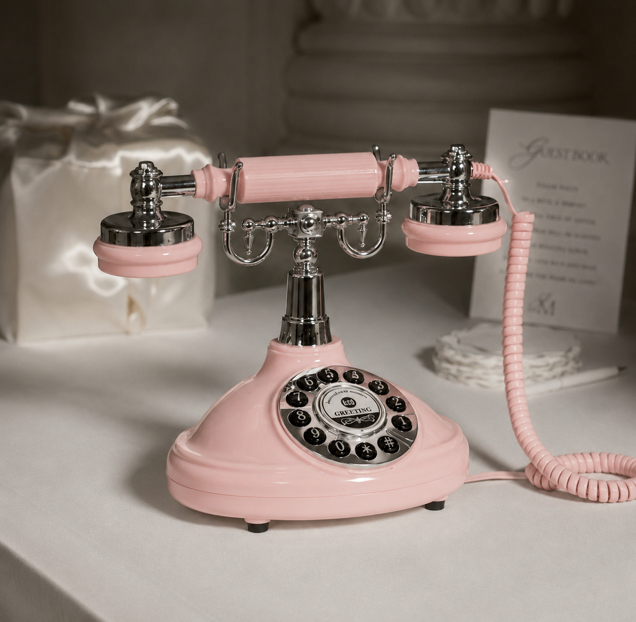 Różowy Telefon Życzeń przygotowany na weselnym stole